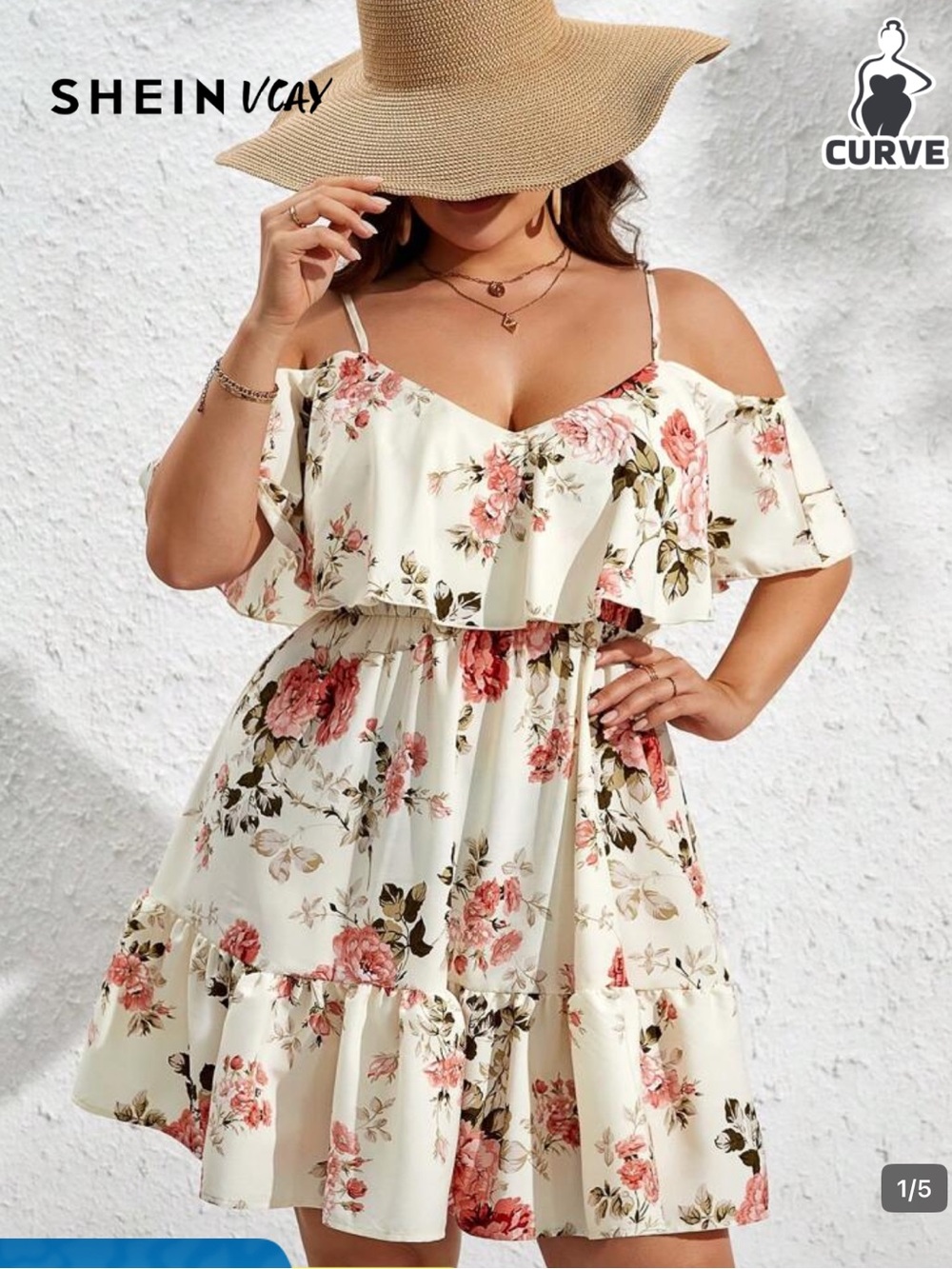 SHEIN Cream Floral Off-Shoulder Dress with Coral Roses